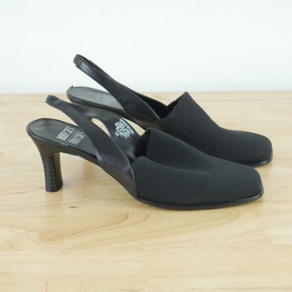 Vintage Size 7 Kitten Heels Slingback Mules Square Toe Black Fabric Y2K Minimal - Picture 1 of 11